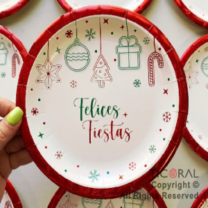 PLATO FELICES FIESTAS STAMPING ROJO CHICO x 8,